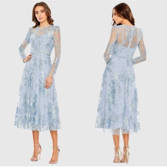 Mac Duggal 68020 Blue Embellished Lace Long Sleeve Beaded Midi Dress Size 12 - Picture 1 of 9